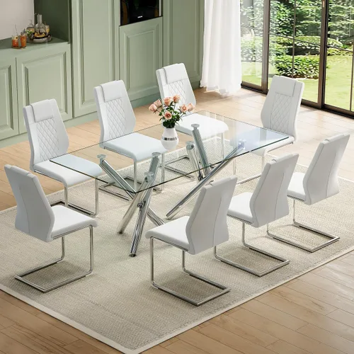 Vista 15 de Juego de mesa de comedor de cristal para 6, 71 pulgadas juego de mesa de comedor moderno para 6 7 Piece Dining Table Set, 6 White Dining Chairs