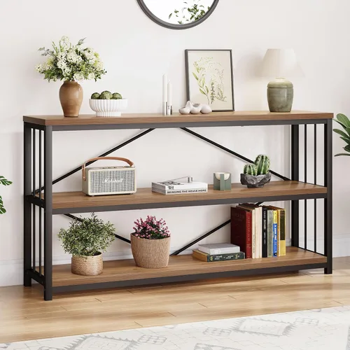 Vista 14 de LVB Mesa consola negra, mesa de entrada moderna para pasillo y sala de estar, mesa de sofá industrial detrás del sofá, mesa de entrada de madera