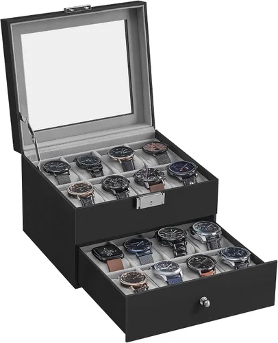 Vista 7 de SONGMICS Caja de reloj de 16 ranuras, caja de reloj con tapa de vidrio, 2 capas, vitrina de reloj con cerradura, cuero sintético negro, forro gris
