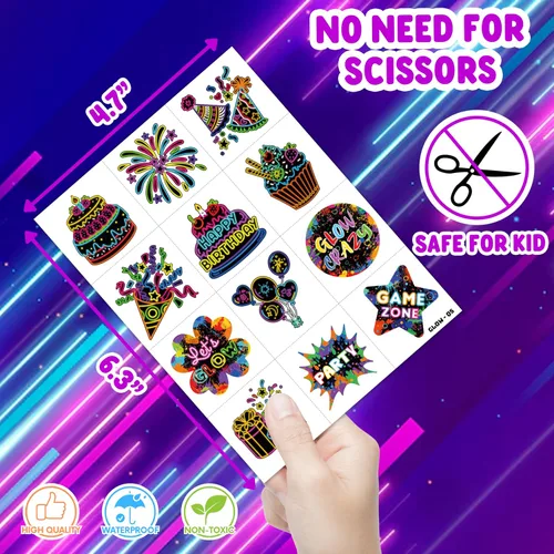Vista 4 de 96 tatuajes temporales de neón precortados para recuerdos de fiesta de cumpleaños de niños Super Cute Glow In The Dark Themed Supplies Decorations