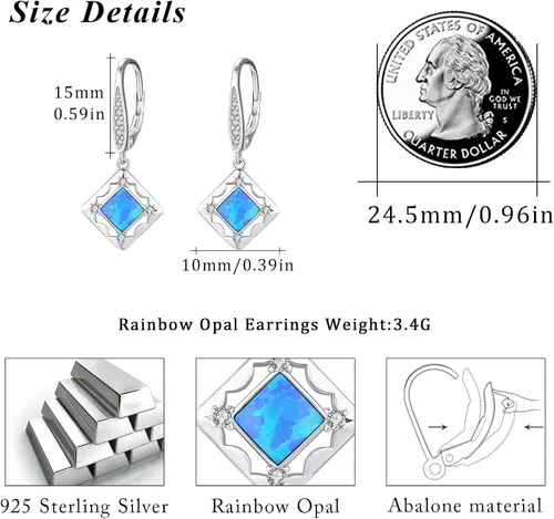 Vista 4 de Aretes colgantes de plata de ley, turquesa, ópalo, piedra lunar, aretes colgantes para mujeres y niñas, hipoalergénicos, aretes colgantes
