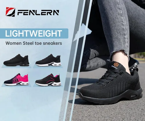 Vista 7 de FENLERN - Zapatos con punta de acero para mujer, tenis de seguridad ligeros con amortiguación de aire, zapatos de trabajo resistentes, fáciles