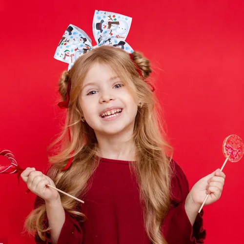 Vista 3 de Pajaritas de pelo de animación de Navidad con cinta elástica de grogrén impresa de Navidad de 7 pulgadas, soporte para cola de caballo de muñeco