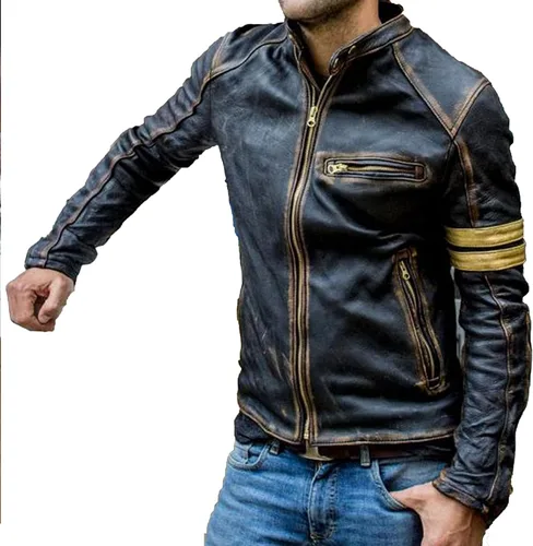 Vista 2 de UGFashions Distressed Leather Jacket Men Motorcycle Jacket Cafe Racer Brown Biker Jacket