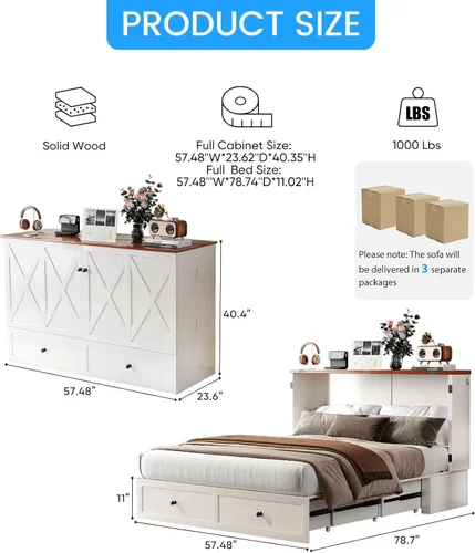 Vista 2 de PUREMIND Cama Murphy de tamaño completo con gabinete, marco de cama escondite multifuncional con cajones de almacenamiento, puertos de carga USB