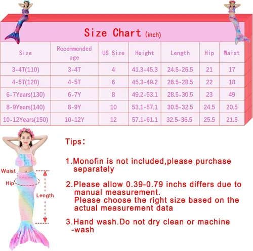 Vista 3 de zocapuy Traje de baño de cola de sirena para niñas y niños, disfraz de princesa, traje de baño para fiesta (sin monoaleta)