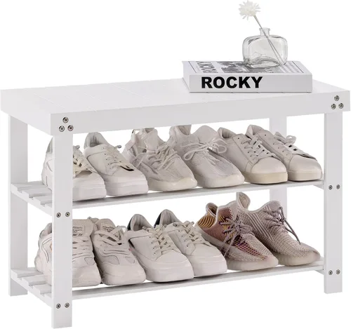 Vista 11 de Apicizon Banco de Zapatos de Bambú para Entrada, Banco Organizador de Zapatos de 3 Niveles para Puerta Principal, Pequeño Organizador de Zapatos