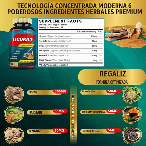 Vista 3 de Cápsulas de extracto de regaliz con cúrcuma, jengibre, fenogreco, haritaki, pimienta negra, función de digestión de apoyo, 90 cápsulas, suministro