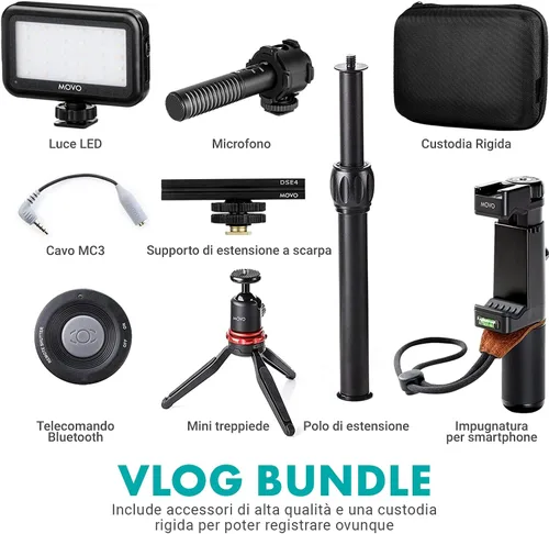Vista 3 de Movo V7+ - Kit de inicio de YouTube para iPhone con trípode, agarre, micrófono estéreo, luz LED y control remoto, kit de vlog para iPhone 5, 5C, 5S