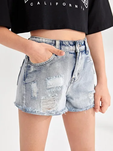 Vista 4 de Floerns Pantalones cortos de mezclilla rasgados con dobladillo sin procesar para niñas