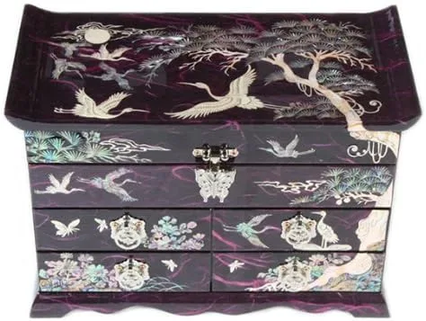Vista 2 de Madre de Pearl grúa y Pino en diseño de papel de morera Violeta Espejo de Joyería Abalorio De Madera Recuerdo Caja de laca de Asia Tesoro Regalo
