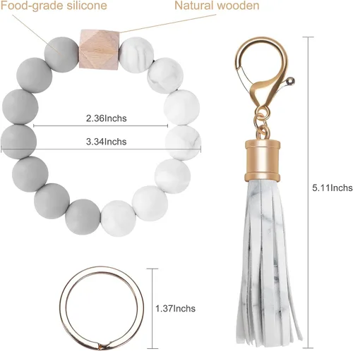 Vista 2 de Weixiltc Llavero para mujer, pulsera de cuentas de silicona, llavero con borla de cuero