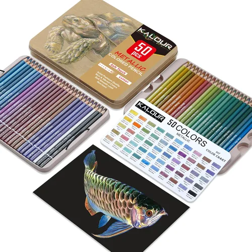 Vista 2 de KALOUR 50 lápices de colores metálicos para adultos, núcleo suave con colores vibrantes, ideales para dibujar, mezclar, bocetos, sombreado, lápices