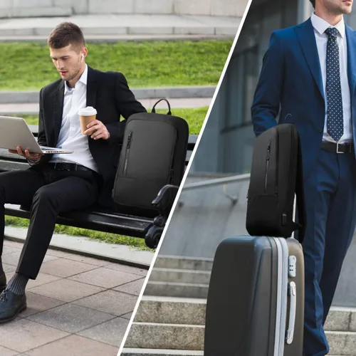 Vista 7 de Mochila hk para Hombre de Negocios, Mochila Delgada con Cargador USB, Mochila para Computadora, Ligera, Antirrobo, para Viaje, Negro, 15,6 pulg.