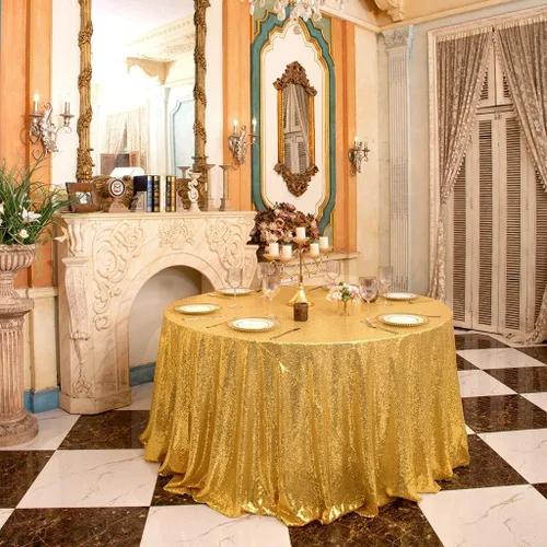 Vista 6 de Eternal Beauty Mantel de lentejuelas doradas de 120 pulgadas, mantel redondo brillante con purpurina para decoración de bodas, fiestas de cumpleaños