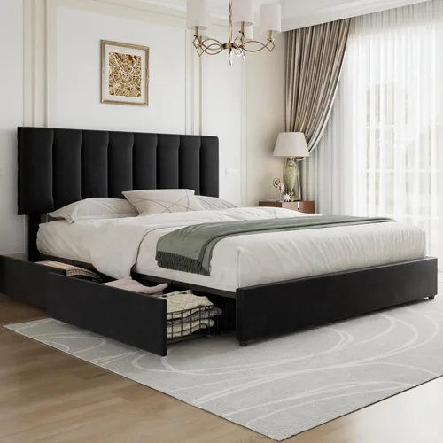 Vista 64 de VECELO Base de cama de tamaño individual con cajón de almacenamiento, base de cama de plataforma resistente con cabecera y fuerte soporte de Negro