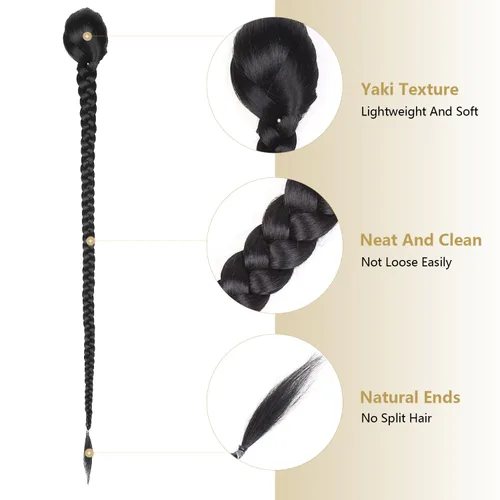 Vista 3 de WIGER Cola de caballo larga trenzada para mujeres negras de 34 pulgadas con cordón de ajuste, cola de caballo Yaki recta con clip, extensiones