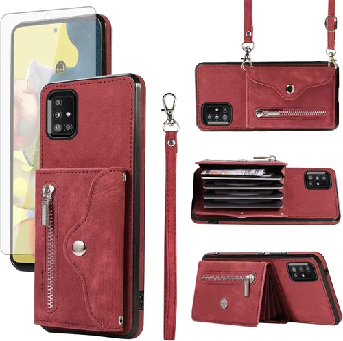 Vista 13 de Funda para teléfono Samsung Galaxy A71 5G con protector de pantalla de vidrio templado y correa cruzada para la muñeca, cordón para tarjeta de Negro