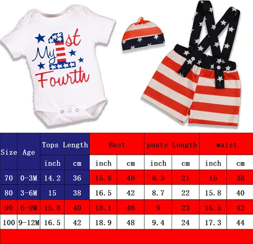 Vista 7 de Traje del Día de la Independencia para bebé niño recién nacido 4 de julio, traje para niño con mi primer día de la independencia, traje + sombrero 3