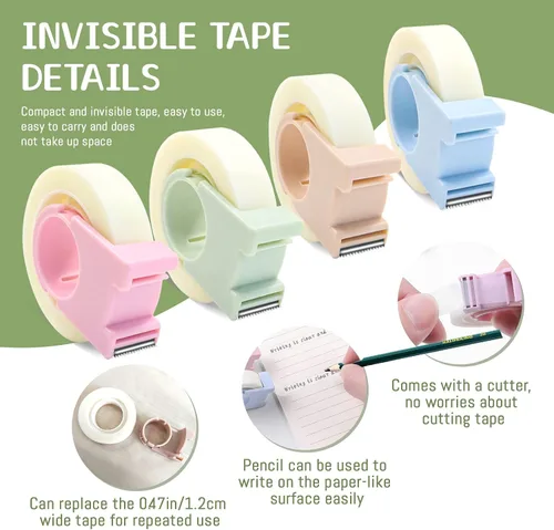 Vista 3 de Juego de 4 cintas invisibles con mini dispensador, cinta mágica de 1/2 pulgada, cinta transparente para escritura, reparación portátil para oficina