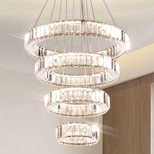 Vista 9 de Candelabro LED de 4 anillos para comedor, moderna lámpara de cristal colgante, lámparas de techo alto para dormitorio, sala de estar, comedor