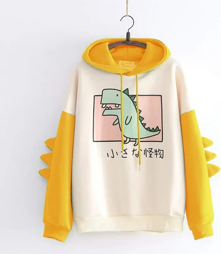 Vista 4 de Sudadera de invierno Kawaii de manga larga con capucha para mujer, diseño de dinosaurio, estampado japonés