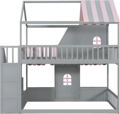 Vista 7 de Harper & Bright Designs Litera de casa completa con escalera de almacenamiento y estantes, marco de cama de madera con diseño de casa
