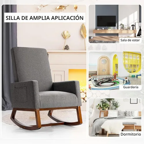 Vista 8 de Giantex Mecedora tapizada, sillón moderno de tela con base de madera, bolsillo lateral, asiento acolchado de lino, silla mecedora con respaldo alto