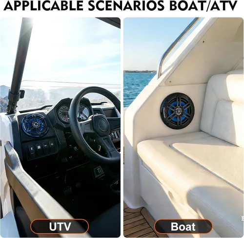 Vista 7 de Altavoces marinos Bluetooth de 5.25 pulgadas y 500 W con luces LED, 2 vías resistentes a la intemperie, perfectos para barcos, cuatrimotos, UTV Negro