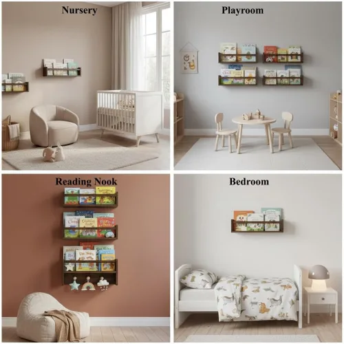 Vista 6 de AZSKY Estantería flotante de pared de 16 pulgadas con gancho, estante colgante de nogal profundo, para habitación de niños, dormitorio, baño, sala
