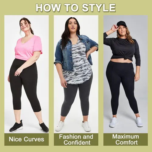 Vista 2 de HIGHDAYS 3 Pack Plus Size Capri Leggings with Pockets for Women- High Waist 3X-Large-4X Workout Yoga Pants