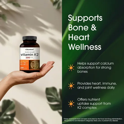 Vista 4 de NatureBell Suplemento de Vitamina K2 de Espectro Completo con MK-7 y MK-4, 200 mcg, 240 cápsulas Fórmula 2 en 1, complejo de vitaminas K – Apoya