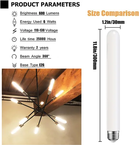 Vista 5 de Bombilla LED T10 de 11.8 pulgadas, base E26, ópalo mate de porcelana, blanco cálido 2700K, regulable Edison 6W, bombilla tubular LED, 500LM, T10
