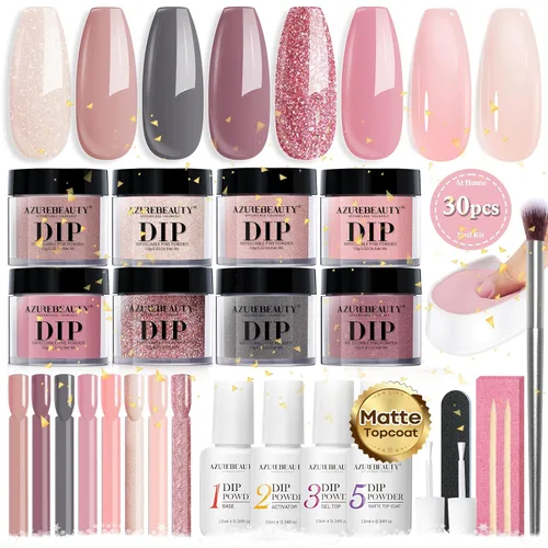 Vista 17 de AZUREBEAUTY Kit de uñas en polvo de inmersión, gelatina translúcida blanca lechosa, rosa desnudo, neutro, claro, 8 colores, juego de polvo