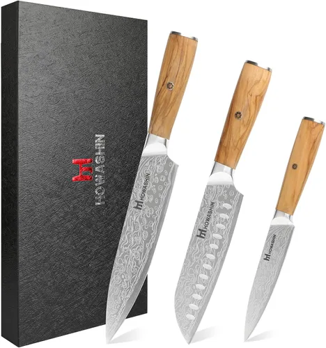 Vista 7 de Juego de cuchillos de cocina de 3 piezas con mango de madera de rosa negra, juego de cuchillos de chef profesional de acero inoxidable alemán