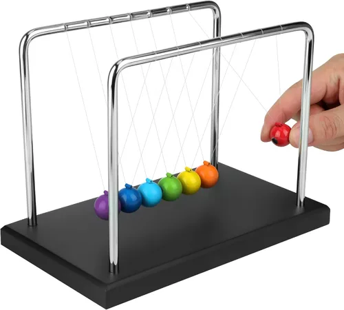 Vista 3 de Newtons Cradle Balance - Bolas de péndulo, cuna grande de Newton, 7 cuentas de colores con base negra, herramienta de aprendizaje educativo