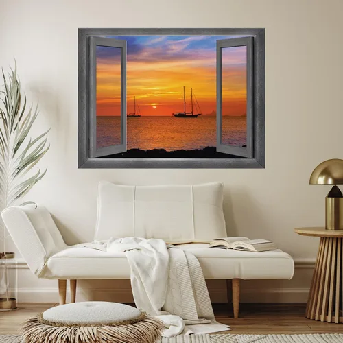 Vista 4 de wall26 Adhesivo de pared con vista lateral de la bahía al atardecer, mural de pared con ventana abierta, no despegar ni pegar, papel tapiz no tejido