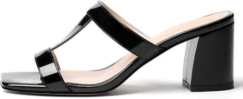 Vista 2 de SHOWFOREST Women's Square Toe Patent Slip On Casual Chunky Mid Heel Heeled Sandals 2.5 Inch