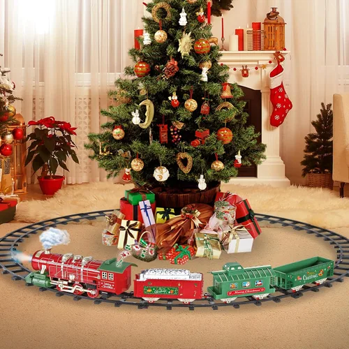 Vista 6 de Juego de tren de Navidad para alrededor del árbol con sonidos, luces y humo, juguetes de tren eléctrico para niños pequeños con 3 autos y 14 pistas