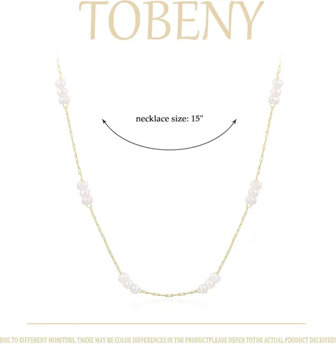 Vista 5 de TOBENY Collar de perlas para mujer, chapado en oro de 14 quilates, hecho a mano, gargantilla de perlas blancas, delicada, pequeña, pequeña, cadena