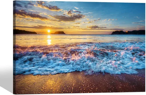Vista 10 de Arte de Pared de Playa en Lienzo para Baño: Obra de Arte Impresa de Puesta de Sol Costera y Océano, Escena Marina Moderna, Imagen de Paisaje Marino