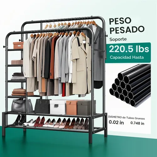 Vista 2 de Perchero de ropa de doble barra con 2 estantes inferiores y 4 estantes laterales, perchero de metal para colgar ropa, perchero resistente para Negro