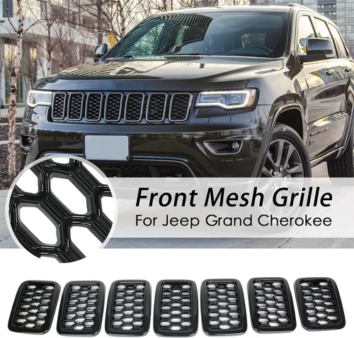 Vista 2 de 7 piezas de insertos de rejilla frontal de malla de panal negro brillante reemplazan para Jeep Grand Cherokee 2017-2021