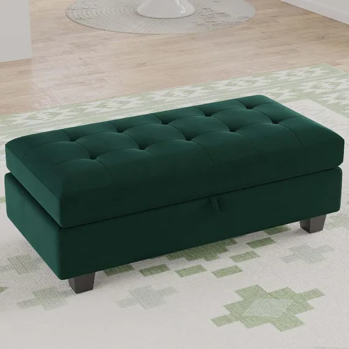 Vista 11 de Belffin Banco otomano rectangular de gran tamaño con almacenamiento, reposapiés tapizado de terciopelo para sala de estar y dormitorio (negro)