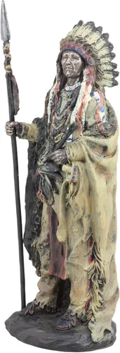Vista 2 de Ebros nativo americano indio guerrero jefe en escudo de animal y tocado de batalla estatua fuerza y sabiduría líder de la tribu como decoración