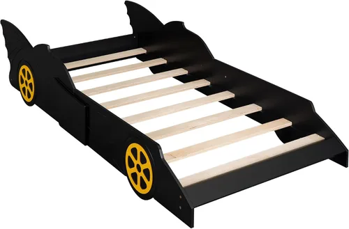 Vista 7 de Marco de cama, cama de plataforma en forma de auto de carreras de tamaño individual con ruedas, marco de cama de plataforma de madera con listones