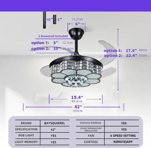 Vista 5 de BAYSQUIRREL Ventilador de techo retráctil de cristal con luz, ventiladores de techo Bluetooth con altavoz y control remoto/APP, 6 velocidades, aspas
