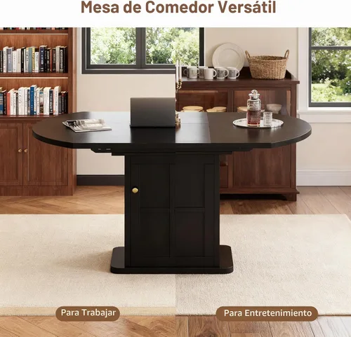 Vista 7 de iPormis Mesa de Comedor Redonda Extensible para 4-6, Mesa de Cocina Moderna de 59'', con Estante de Almacenamiento de 2 Niveles, Puerta de Madera