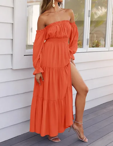 Vista 23 de ZESICA - Vestido largo, bohemio y sexy, con hombros descubiertos y manga larga fruncida, con elástico fruncido, cintura alta y abertura lateral