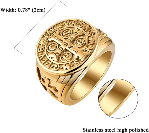 Vista 5 de Anillo de exorcismo de San Benito para hombre, acero inoxidable, cruz católica, oro y cazador de fantasmas, talla 8-13, con caja de regalo